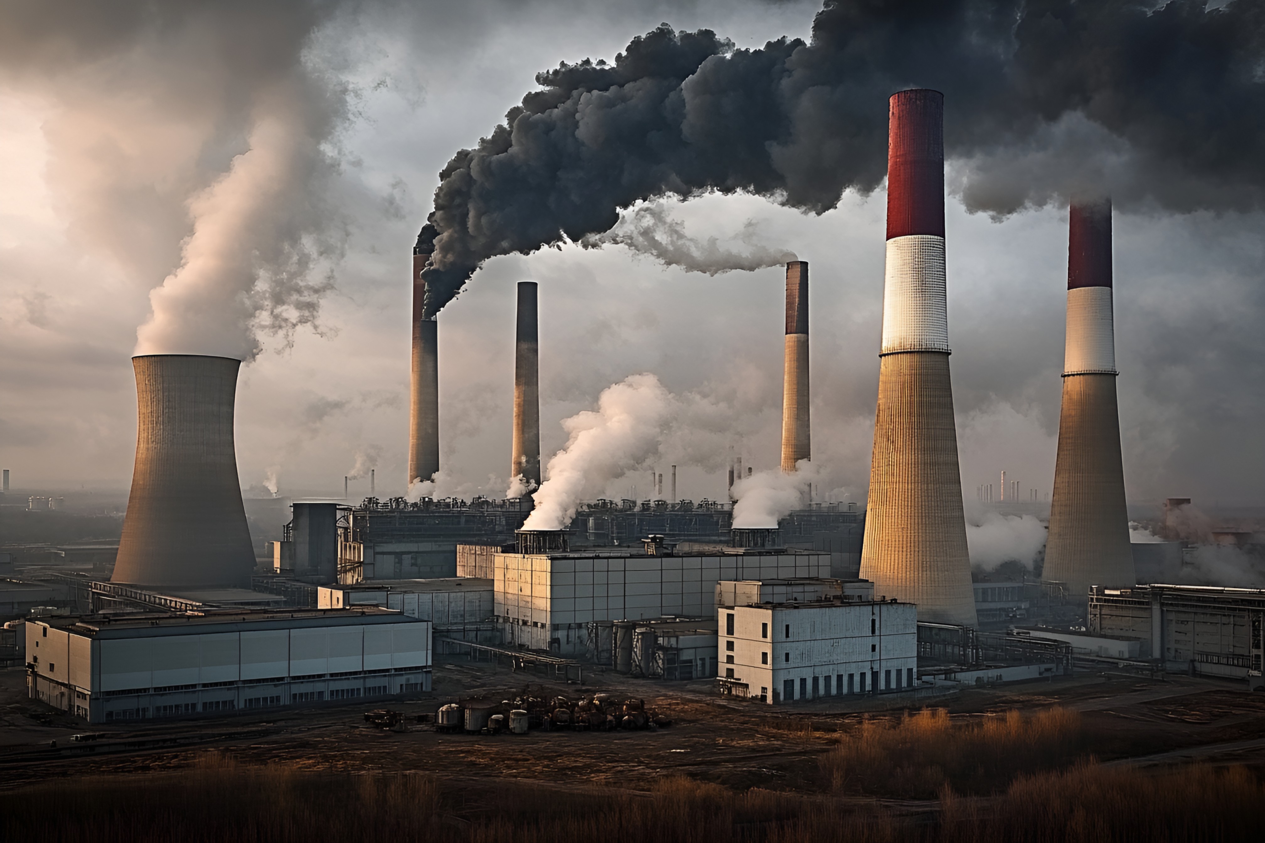 工廠現實主義工業區大型煙囪冷卻塔排放煙霧場景商業照片（商業使用）.jpg